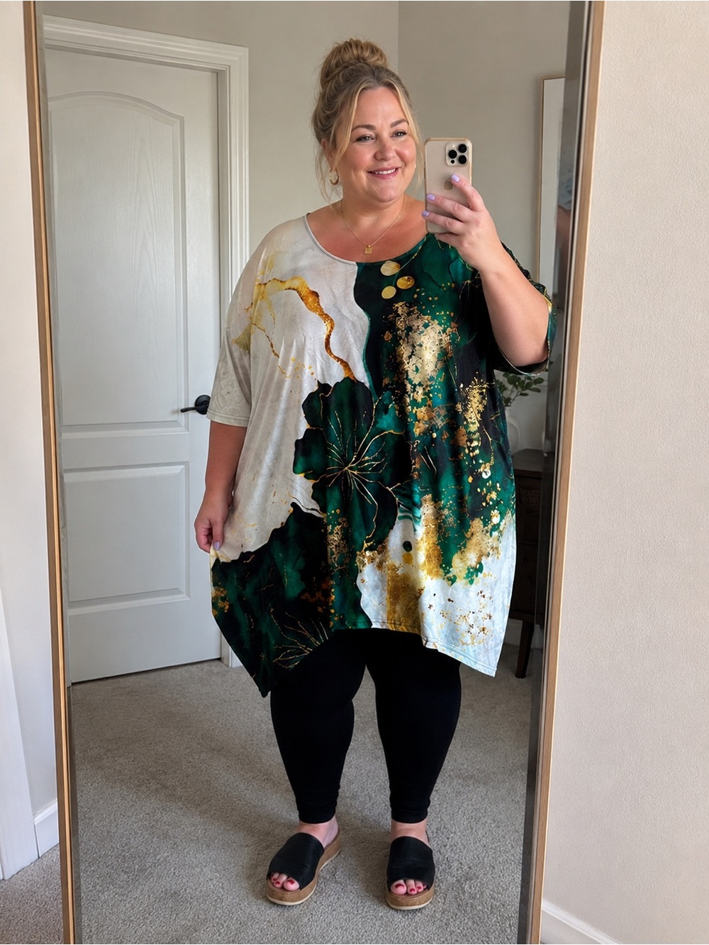 Plus Size Abstract Floral Tunic Top in Green and Gold